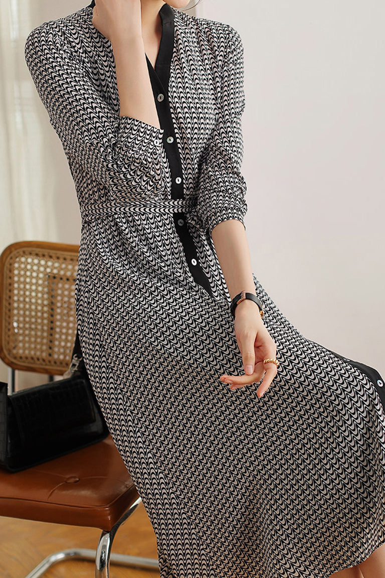 Skipper Collar Printed Tie-Belted Dress with Lining - liwisi
