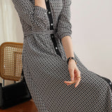 Skipper Collar Printed Tie-Belted Dress with Lining - liwisi
