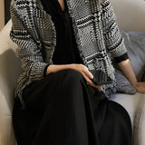No-Collar Houndstooth Fringed Knit Cardigan - liwisi