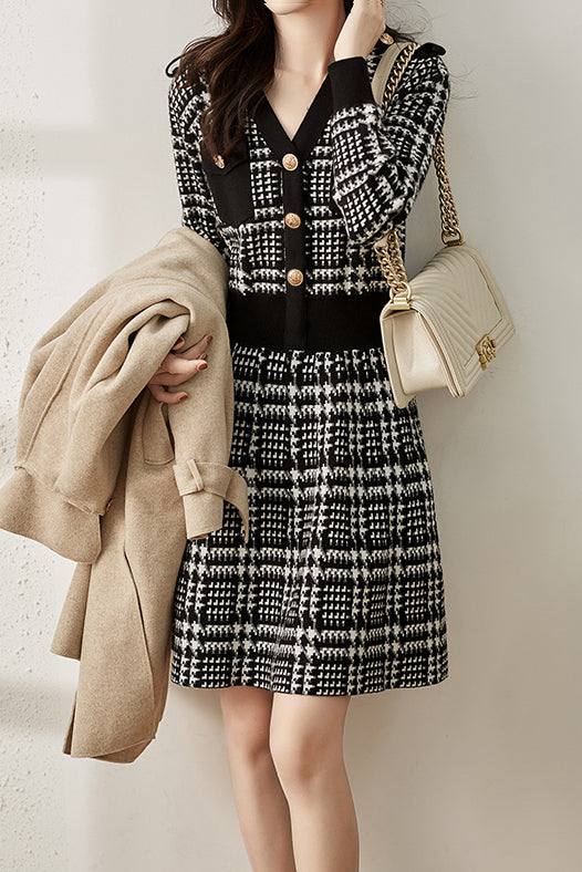 Elegant V-neck Houndstooth Knit Dress - 2 Colors Available - liwisi