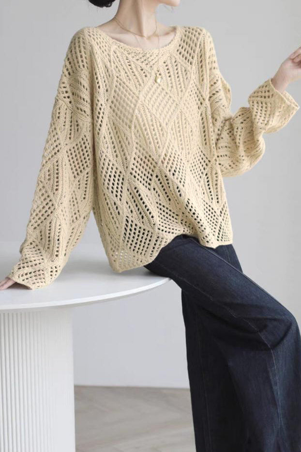 Round Neck Openwork Drop Shoulder Knit - 2 Colors Available - liwisi