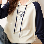 Cuffed Bi-Color Embroidered Drawstring Hooded Sweatshirt - liwisi