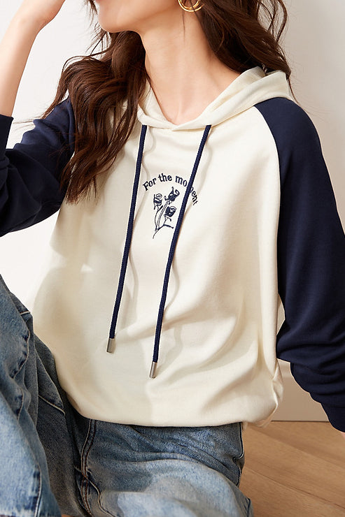 Cuffed Bi-Color Embroidered Drawstring Hooded Sweatshirt - liwisi