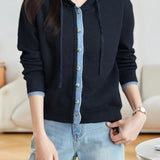 Casual Versatile Color-Block Knitted Hooded Cardigan