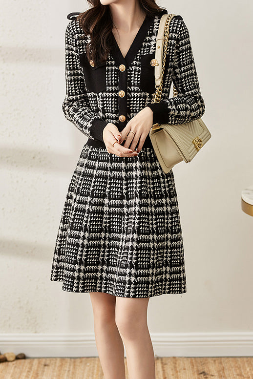 Elegant V-neck Houndstooth Knit Dress - 2 Colors Available - liwisi