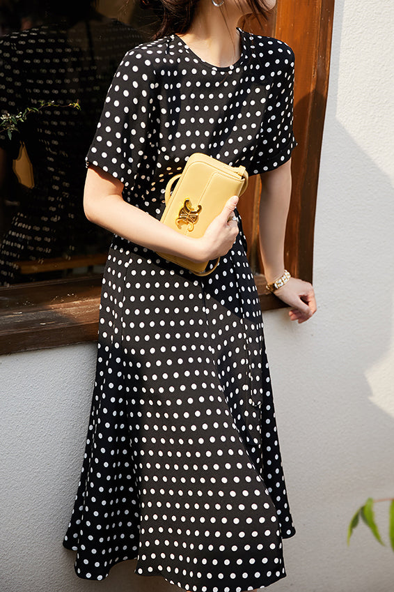 Round Neck Dot Pattern Semi-Flare Dress with Lining - 2 Colors Available - liwisi