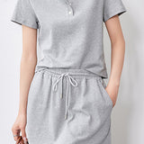 Two-Piece Set: Round Neck Slit Opening Short Sleeve T-Shirt + Logo Embroidered Drawstring Shorts - 2 Colors Available - liwisi