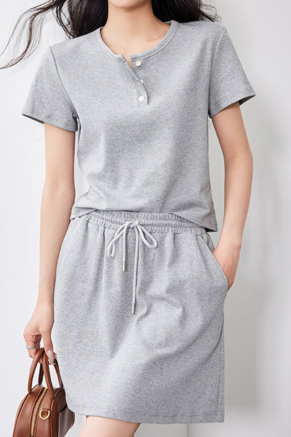 Two-Piece Set: Round Neck Slit Opening Short Sleeve T-Shirt + Logo Embroidered Drawstring Shorts - 2 Colors Available - liwisi