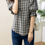 Ruffle Decor Round Neck Check Blouse - liwisi