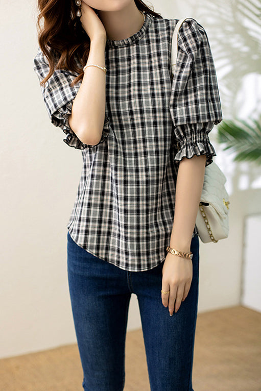 Ruffle Decor Round Neck Check Blouse - liwisi