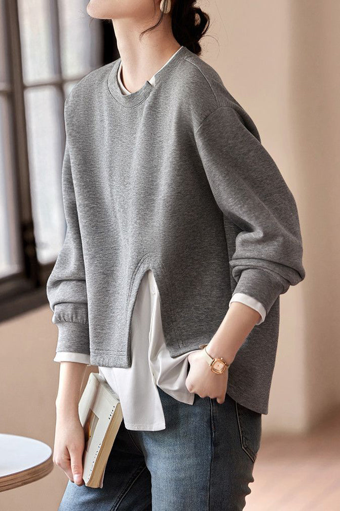 Layered Look Mixed Material Round Neck Sweatshirt - liwisi