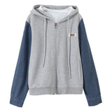 Hooded Zip-Up Denim Contrast Jacket - liwisi
