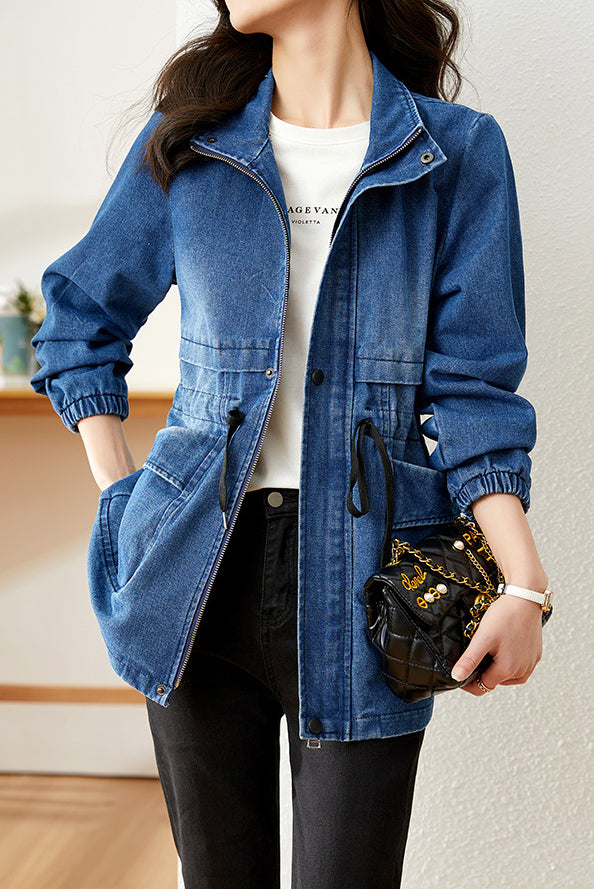 Stand Collar Zip-Up Denim Jacket - liwisi