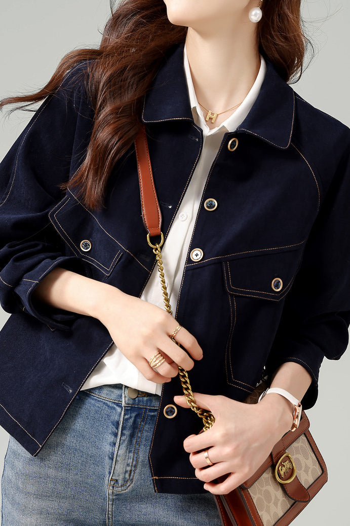 Fashionable Folded Collar Denim Jacket - liwisi