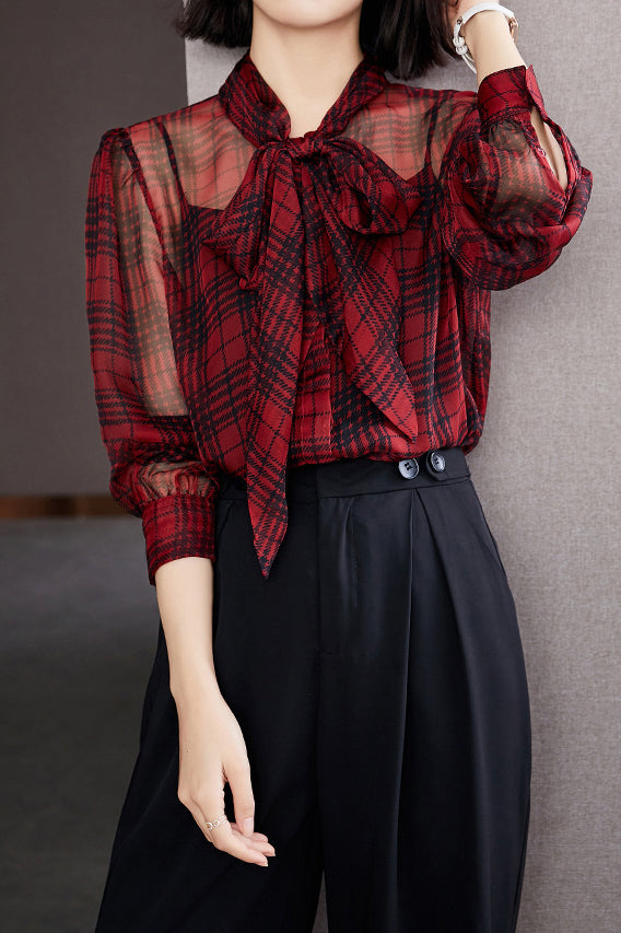 Bow Tie Collar Check Pattern Sheer Blouse - liwisi