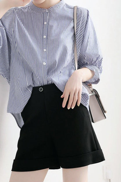 Band Collar Striped Puff Blouse - 2 Colors Available - liwisi