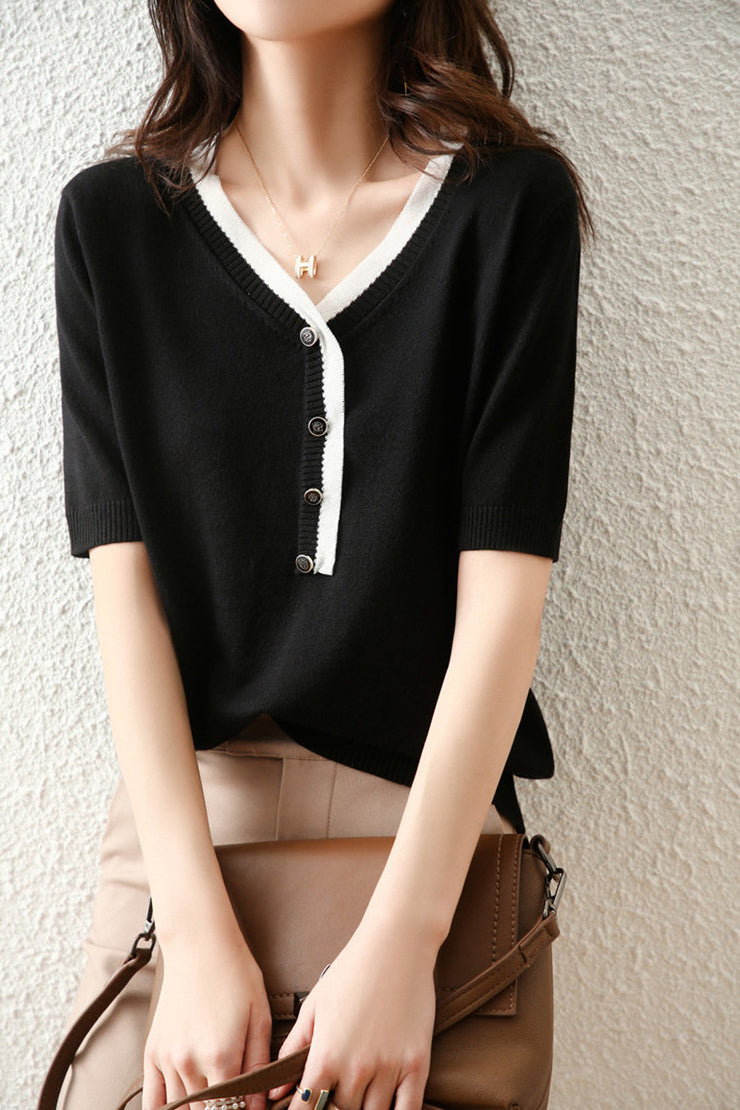 Bi-Color V-Neck Button Decor Knit Top - liwisi