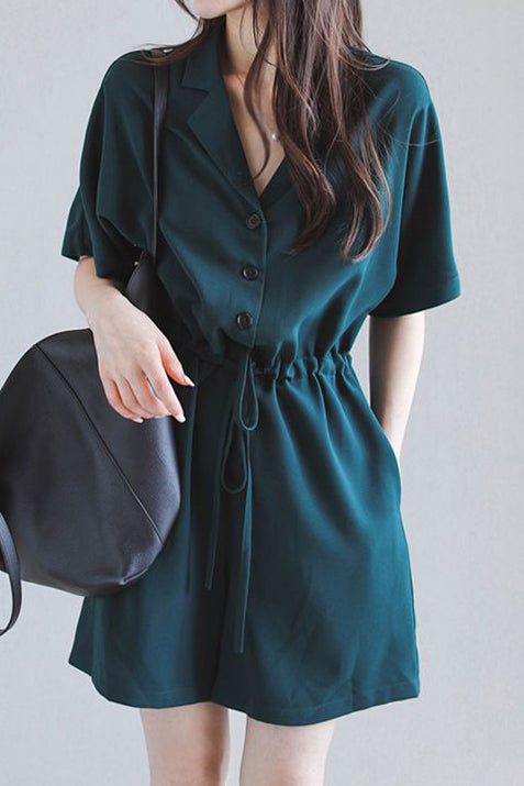 Notch Lapel Color Drawstring Short Overall - 2 Colors Available - liwisi