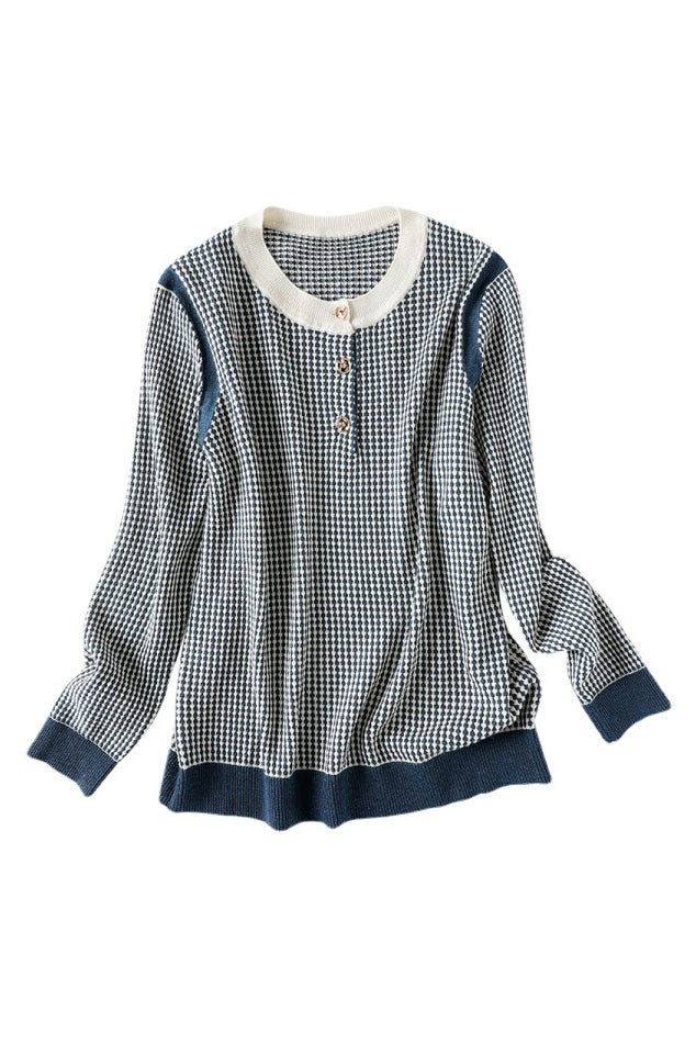 Round Neck Slit Opening Check Knit - 2 Colors Available - liwisi