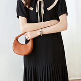Peter Pan Collar Pleats Contrast Puff Dress - liwisi