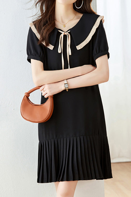 Peter Pan Collar Pleats Contrast Puff Dress - liwisi