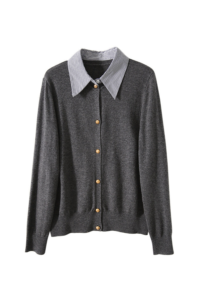 Layered Look Shirt Collar Striped Contrast Knit Cardigan - 3 Colors Available - liwisi