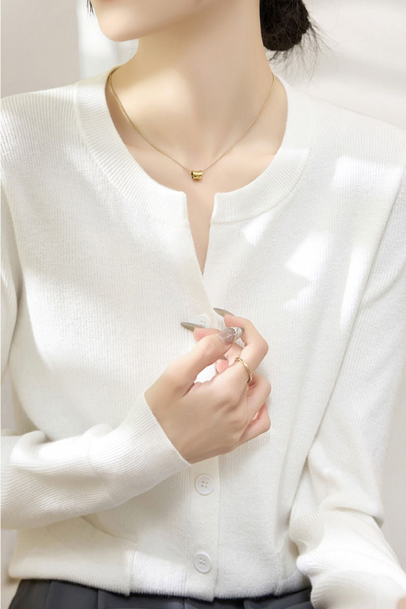 Solid Color Versatile Round Neck Knit Cardigan - liwisi