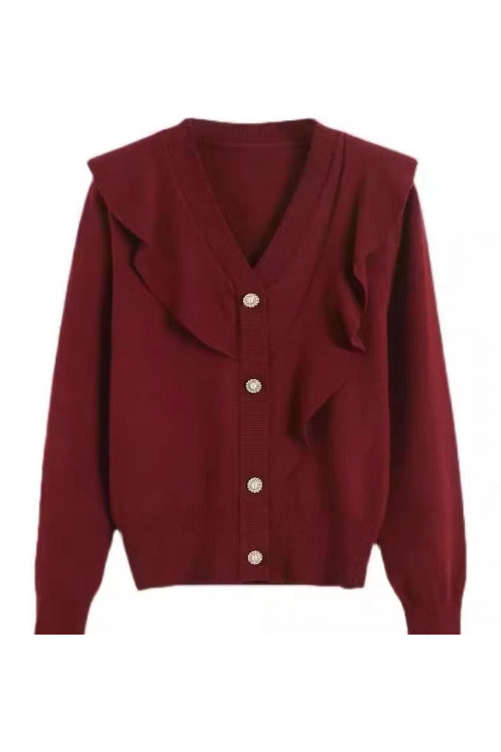 Elegant V-Neck Ruffle Decor Knit Top - liwisi