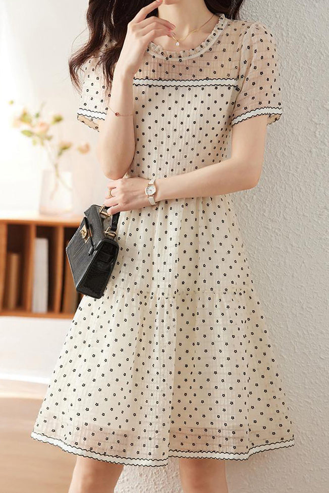 Ruffle Collar Small Floral Flock Flare Dress with Lining - liwisi