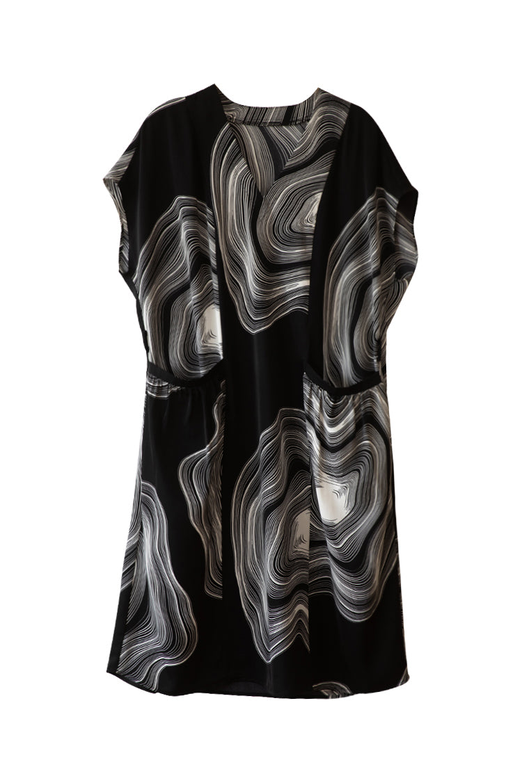 V-Neck Line Print Tie-Belted Dress - liwisi