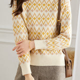Casual Bottle Neck Diamond Pattern Knit Top - liwisi