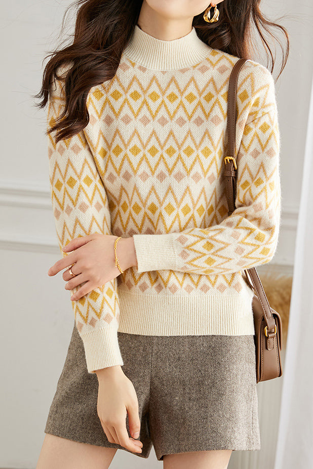 Casual Bottle Neck Diamond Pattern Knit Top - liwisi