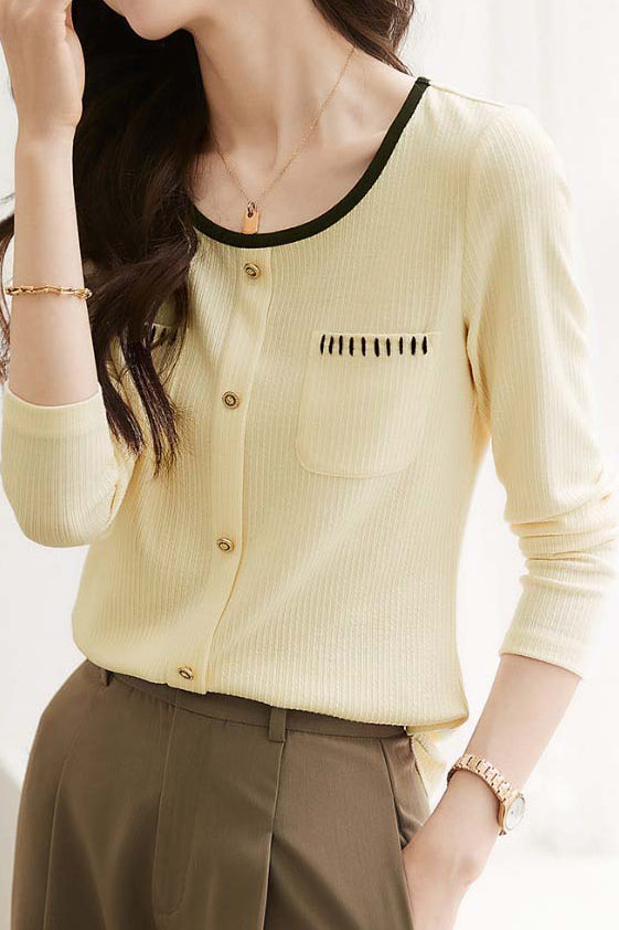 Pocketed Round Neck Black Edge Knit - liwisi
