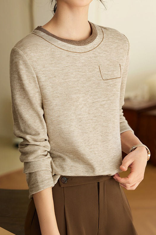 Casual Minimalist Color-Block Long-Sleeve T-Shirt - liwisi