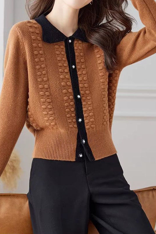 Shirt Collar Jacquard Knit Cardigan - 2 Colors Available - liwisi