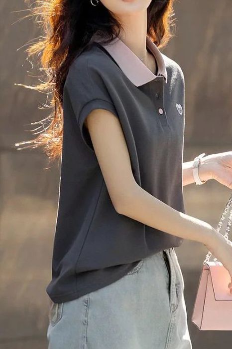 Casual color-block polo collar T-shirt. - liwisi