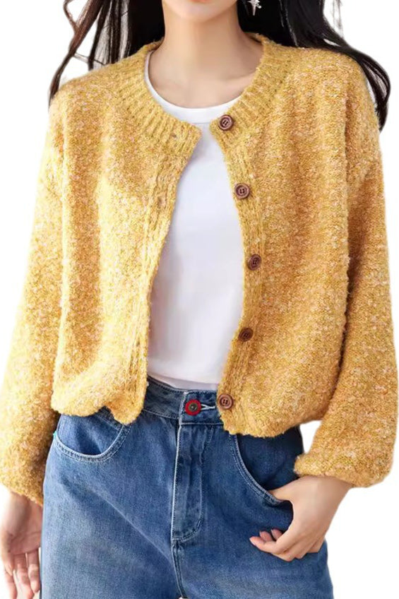 Yellow Single Button Oversized Round Neck Cardigan - liwisi