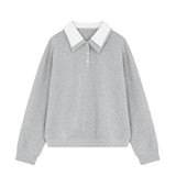 Double Polo Collar Logo Embroidered Drop Shoulder Sweatshirt - liwisi