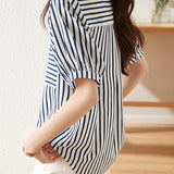 Striped Docking Gathered Short Sleeve Shirt - liwisi
