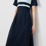 Polo Collar Striped Contrast Long Flare Dress - 2 Colors Available - liwisi