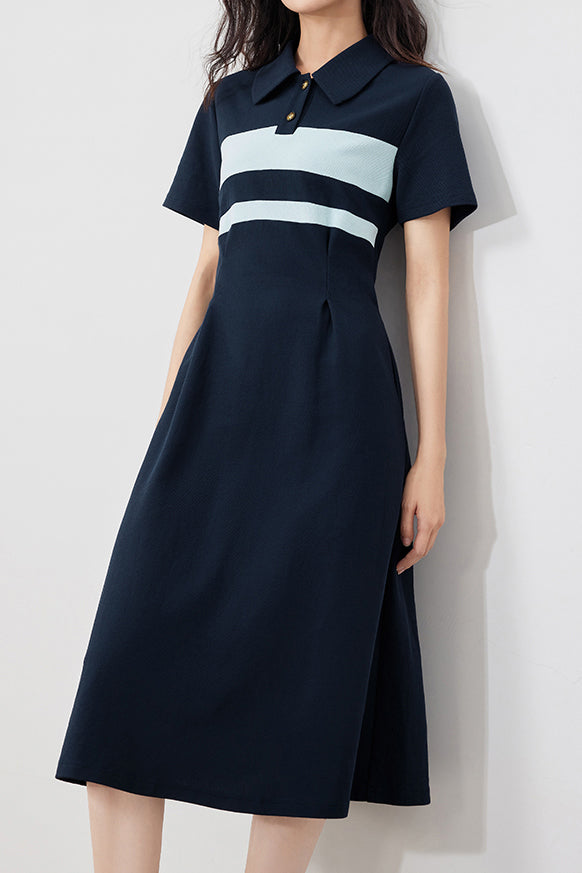 Polo Collar Striped Contrast Long Flare Dress - 2 Colors Available - liwisi