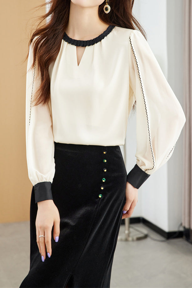 Front Cut-Out Long Sleeve Satin Blouse - 2 Colors Available - liwisi