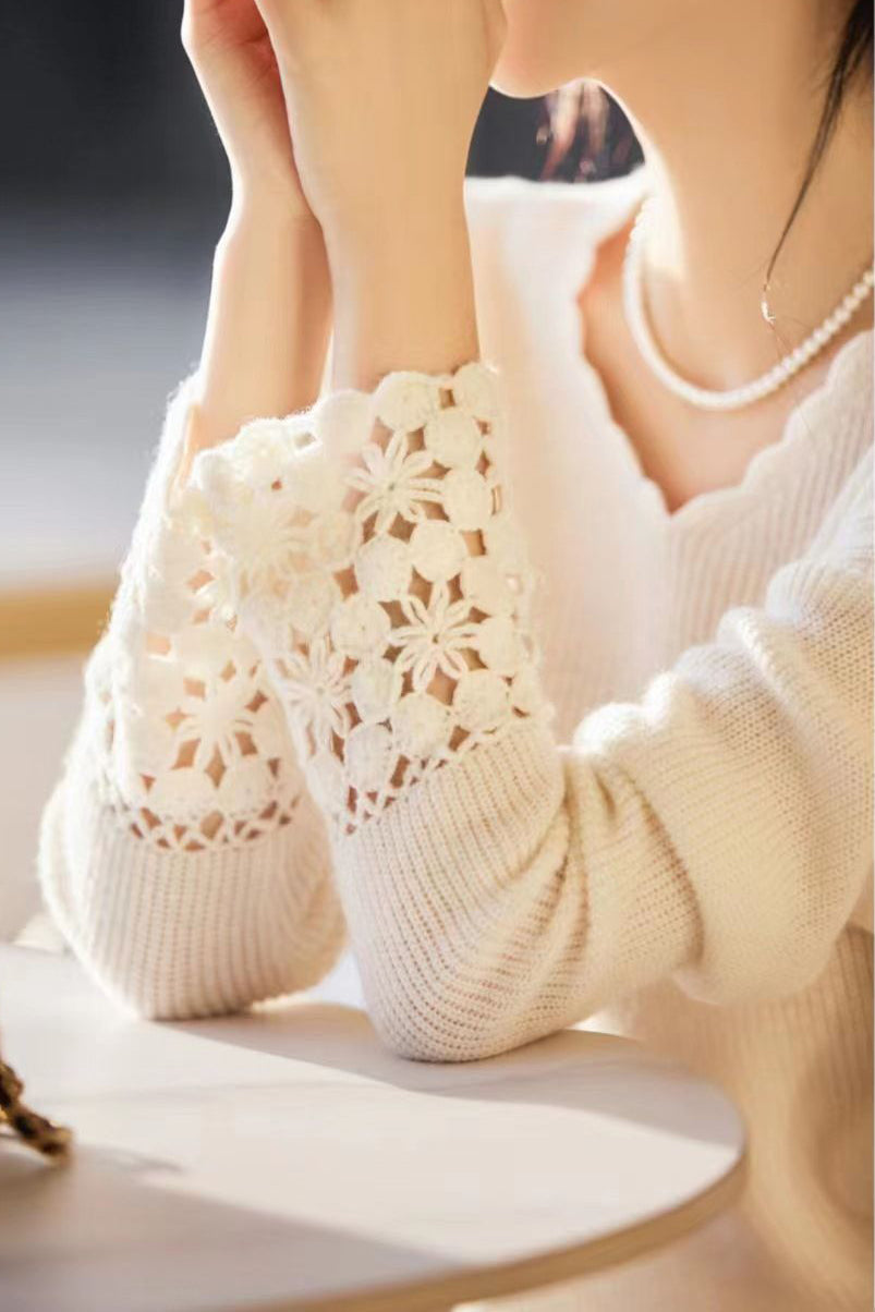 Ruffled Collar Open Knit Drop Shoulder Knit - 2 Colors Available - liwisi