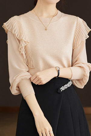 Asymmetrical Design French Lace Contrast Round Neck Knit - liwisi