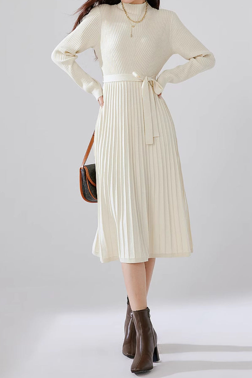 Bottle Neck Pleated Docking Knit Dress - 2 Colors Available - liwisi
