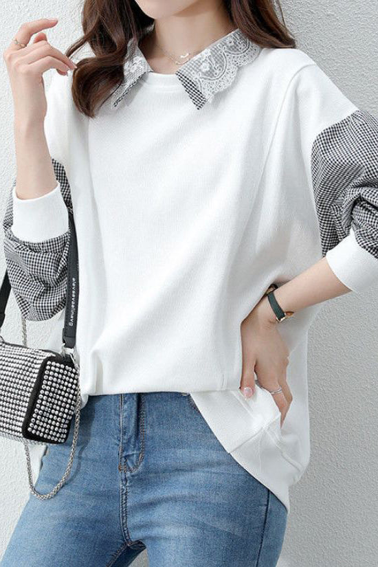 Mixed Material Chelsea Collar Embroidered Lace Decor Sweatshirt - 3 Colors Available - liwisi