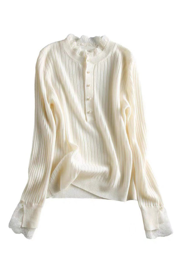 Elegant Ribbed Knit Sweater with Lace Trim - liwisi