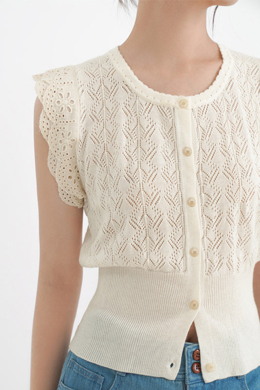 Round Neck Openwork Scalloped Sleeve Knit - liwisi