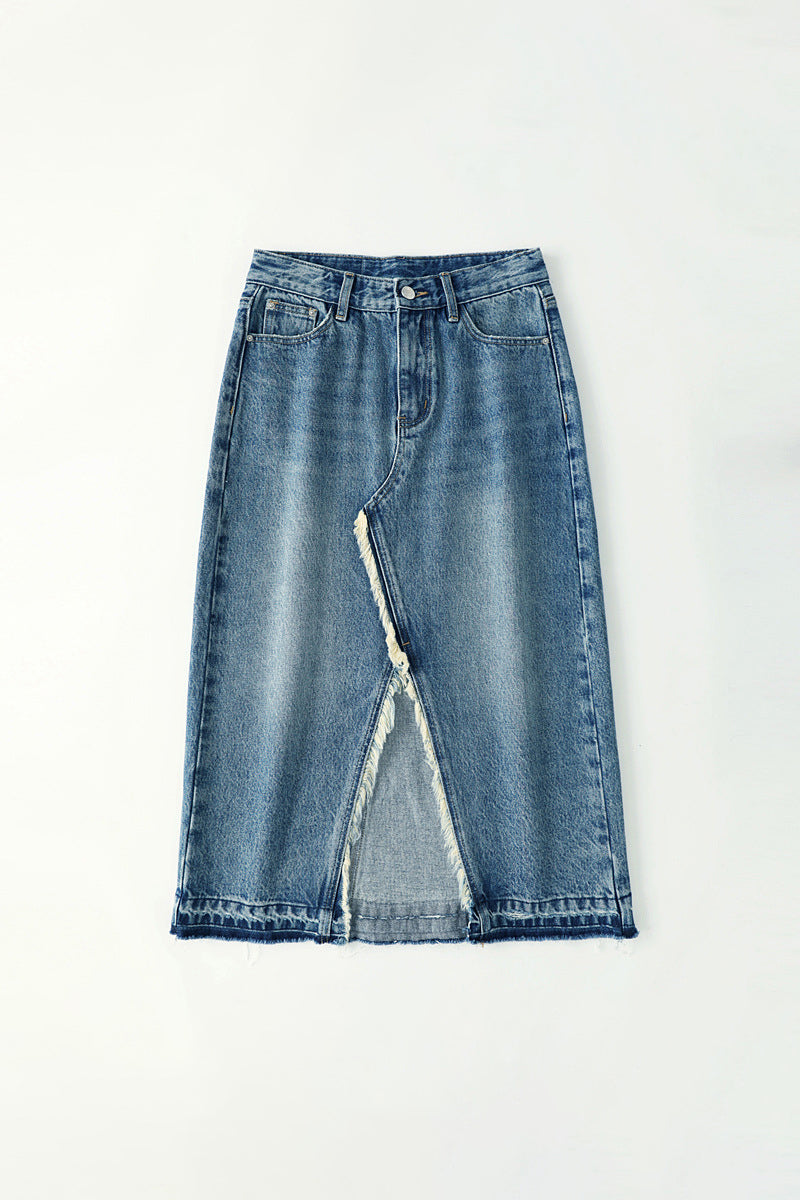 Fringe Decor Front Slit Long Denim Skirt - liwisi
