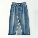 Fringe Decor Front Slit Long Denim Skirt - liwisi
